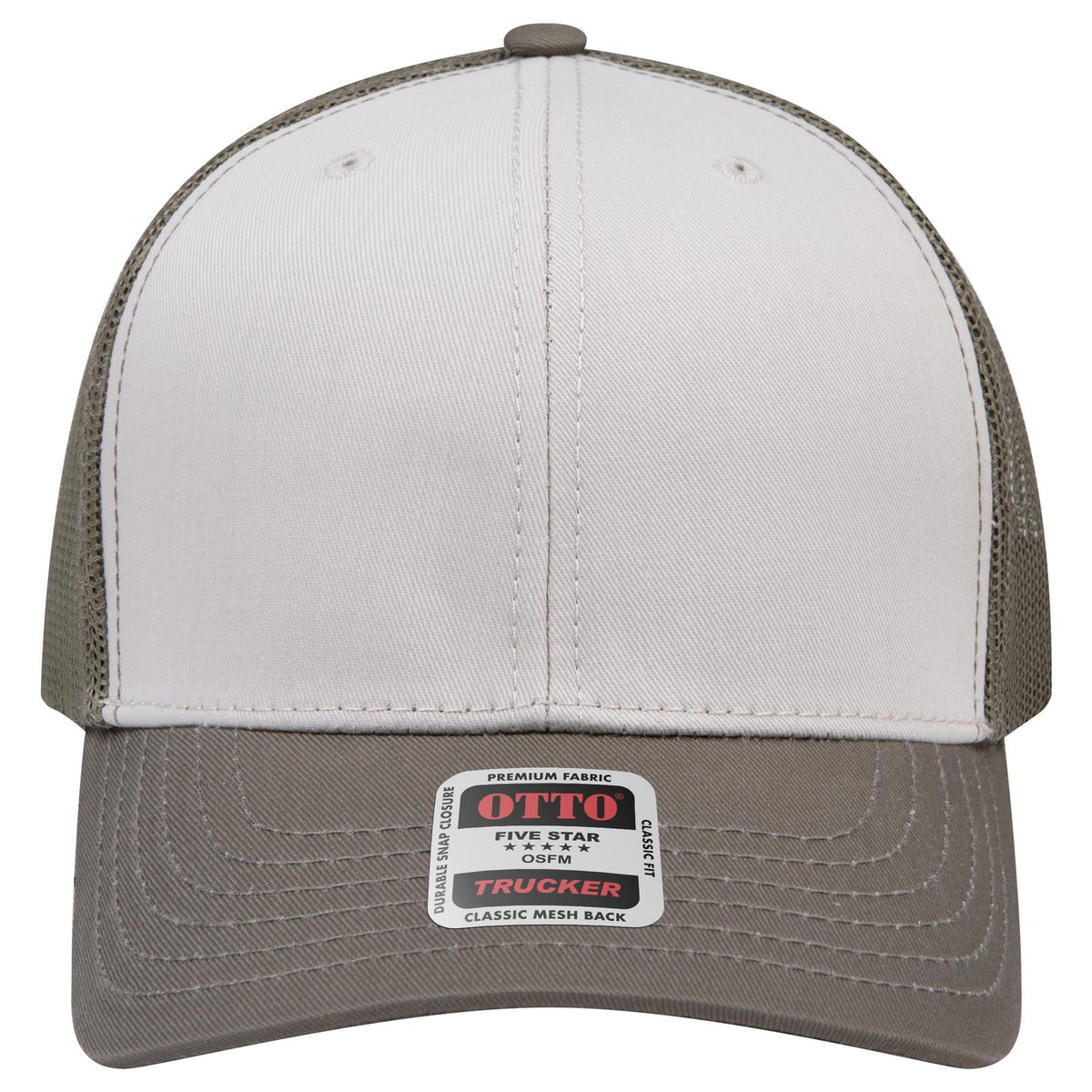 Front View of 215221- Ol.Grn/Lt.Khk/Ol.Grn OTTO CAP 6 Panel Mid Profile Mesh Back Trucker Hat