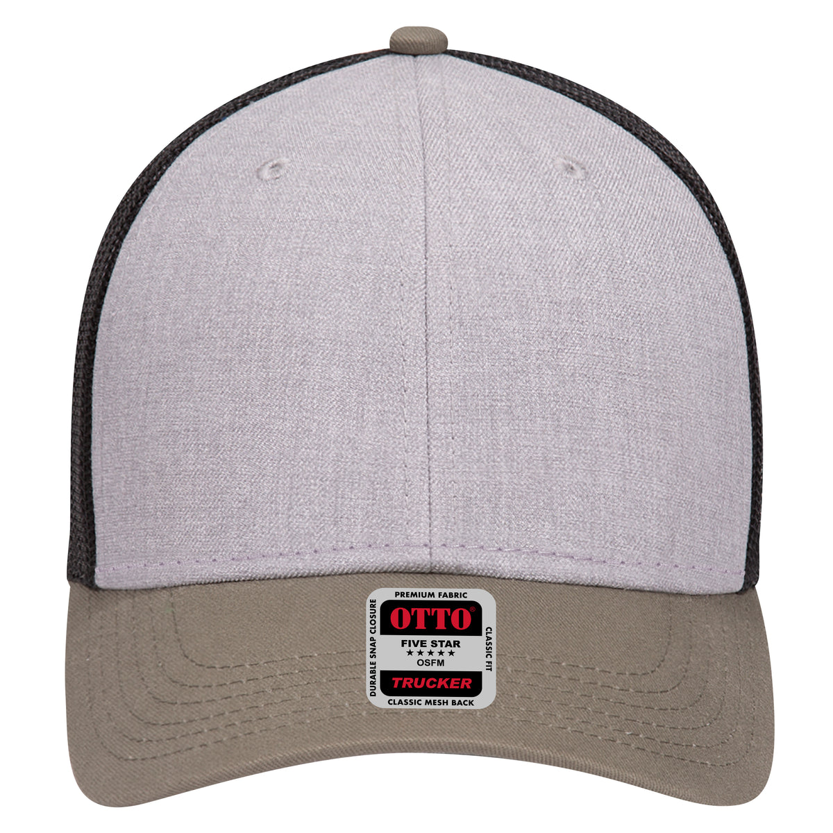 Front View of 217403 - OliveGreen/HeatherGray/Black OTTO CAP 6 Panel Low Profile Mesh Back Trucker Hat