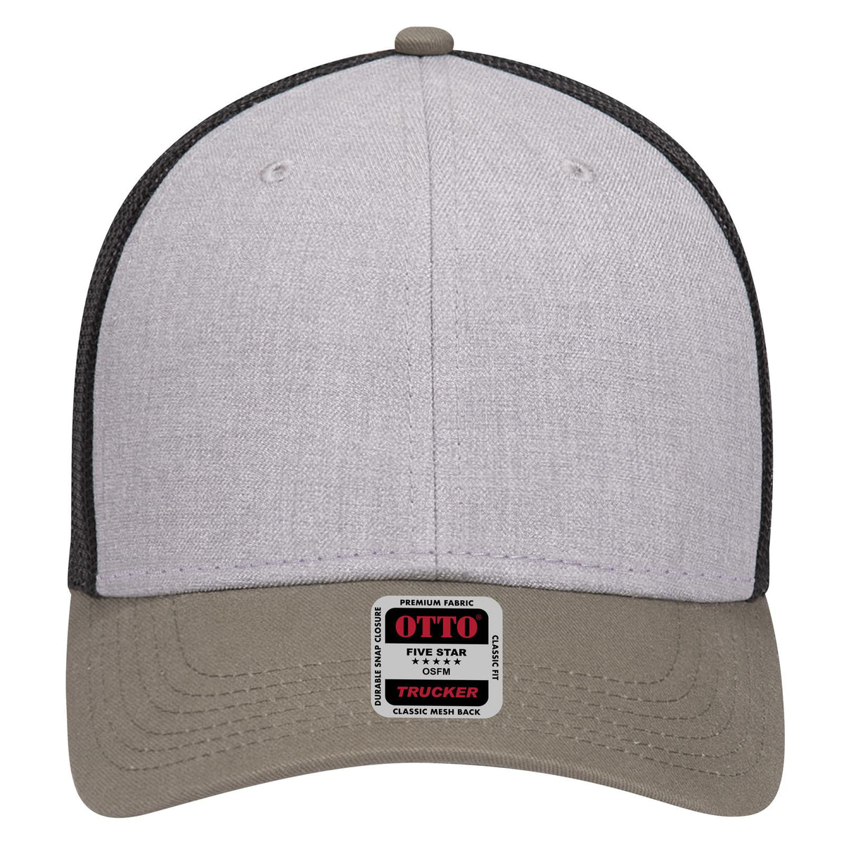 Front View of 217403 - OliveGreen/HeatherGray/Black OTTO CAP 6 Panel Low Profile Mesh Back Trucker Hat