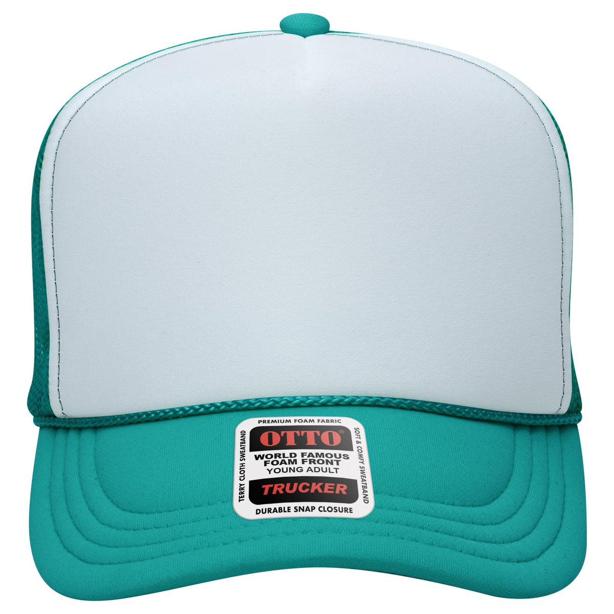 Front View of 241624 - Jade/Wht/Jade OTTO CAP 5 Panel High Crown Mesh Back Trucker Hat