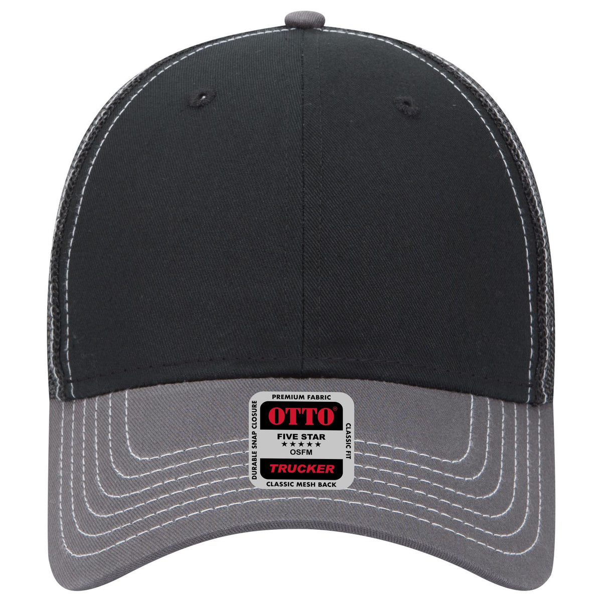 Front View of 250303 - Ch. Gry/Blk/Blk OTTO CAP 6 Panel Low Profile Mesh Back Trucker Hat