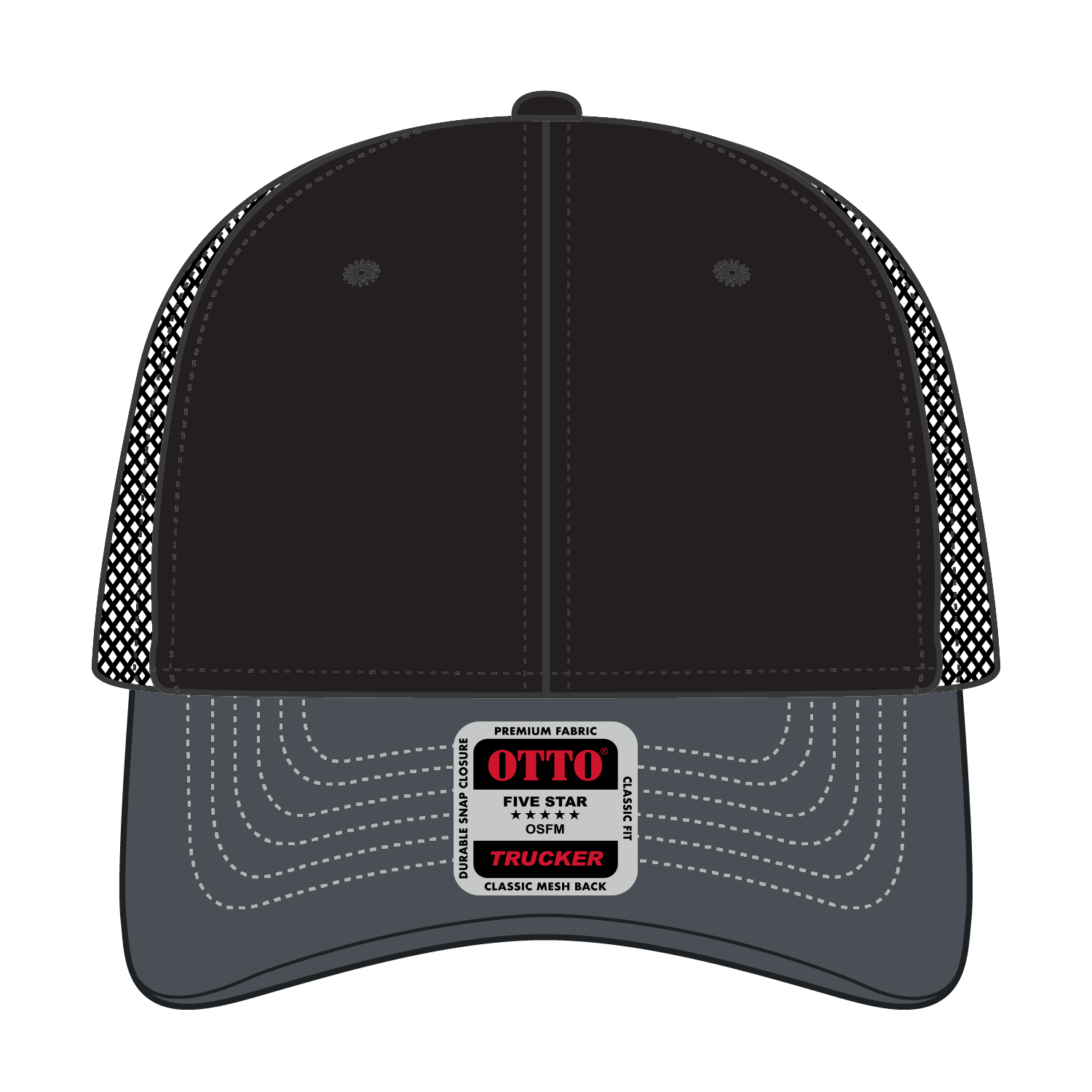 Front View of 250303 - Ch. Gry/Blk/Blk OTTO CAP 6 Panel Low Profile Mesh Back Trucker Hat