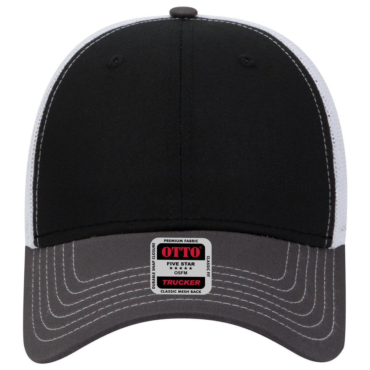 Front View of 250316 - Ch.Gry/Blk/Wht OTTO CAP 6 Panel Low Profile Mesh Back Trucker Hat