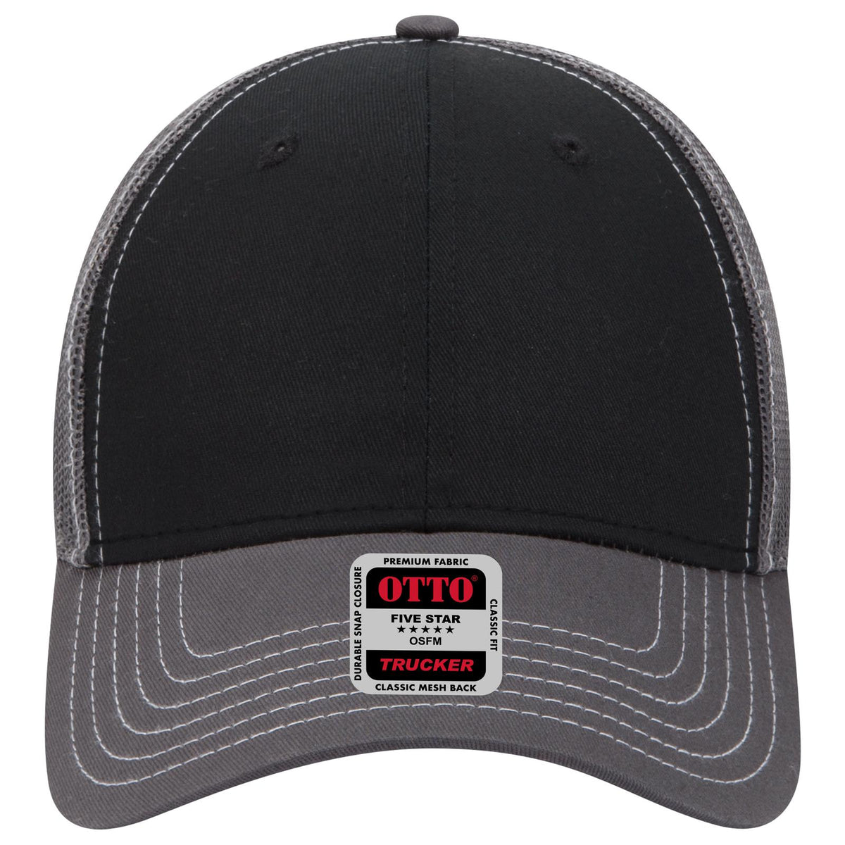 Front View of 250325 - Ch.Gry/Blk/Ch.Gry OTTO CAP 6 Panel Low Profile Mesh Back Trucker Hat
