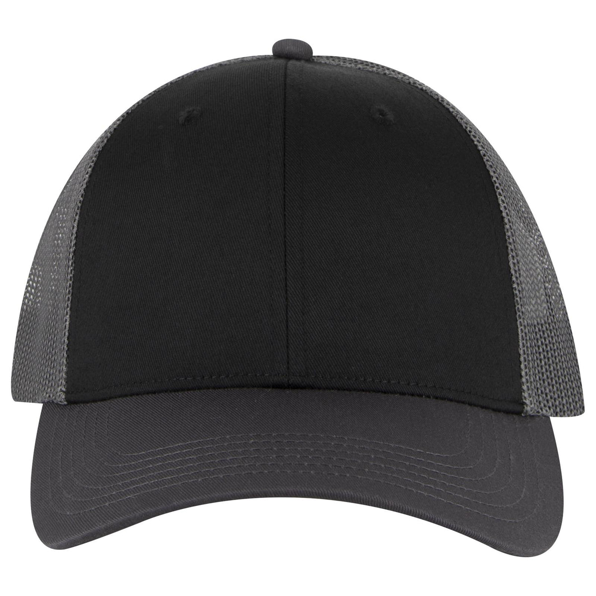 Front View of 250325 - Ch.Gry/Blk/Ch.Gry OTTO CAP 6 Panel Low Profile Mesh Back Trucker Hat