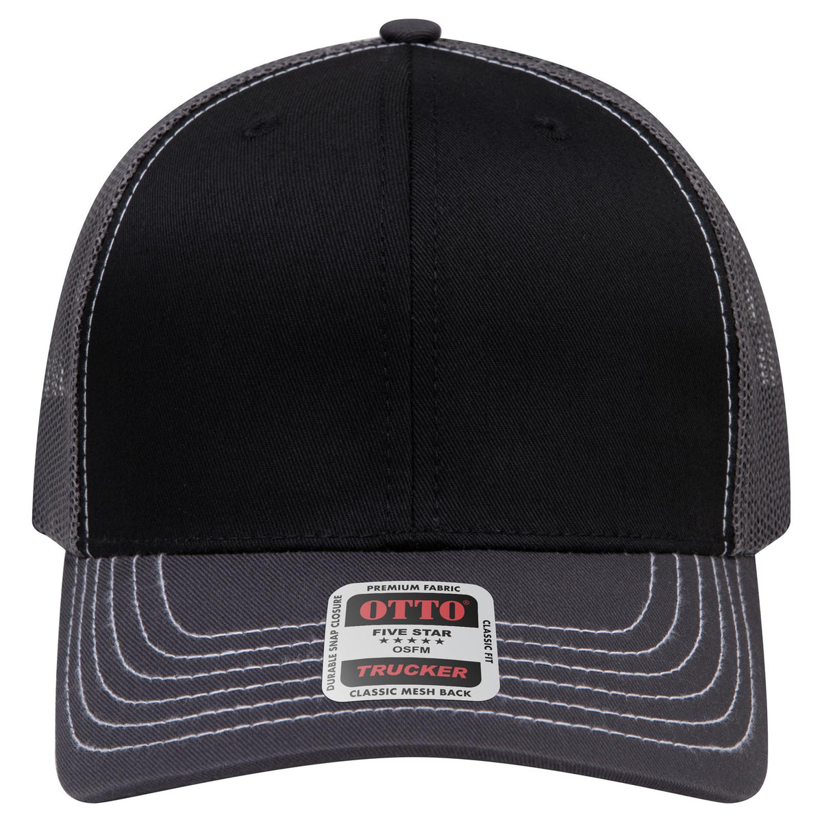Front View of 250325 - Ch.Gry/Blk/Ch.Gry OTTO CAP 6 Panel Mid Profile Mesh Back Trucker Hat
