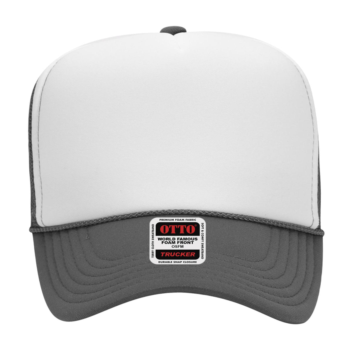 Front View of 251625 - Ch.Gry/Wht/Ch.Gry OTTO CAP 5 Panel High Crown Mesh Back Trucker Hat
