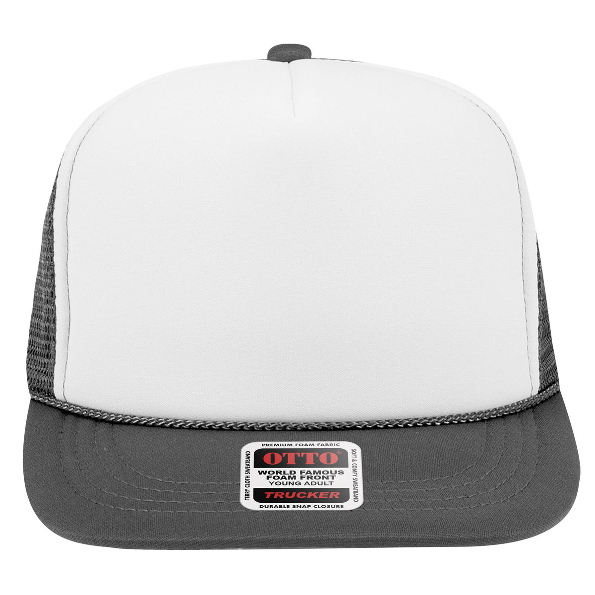Front View of 251625 - Ch.Gry/Wht/Ch.Gry OTTO CAP 5 Panel High Crown Mesh Back Trucker Hat