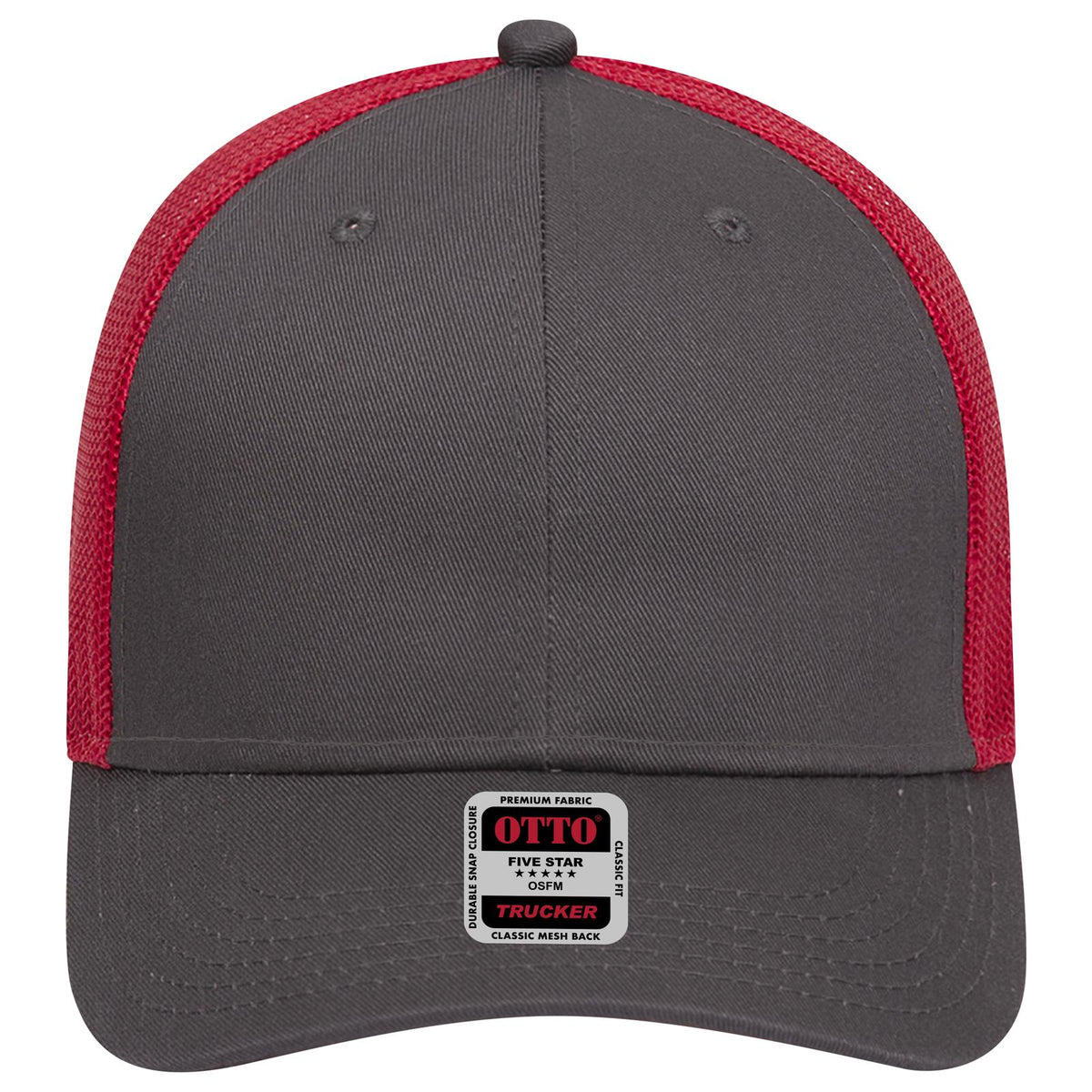 Front View of 252502 - Ch.Gry/Ch.Gry/Red OTTO CAP 6 Panel Low Profile Mesh Back Trucker Hat