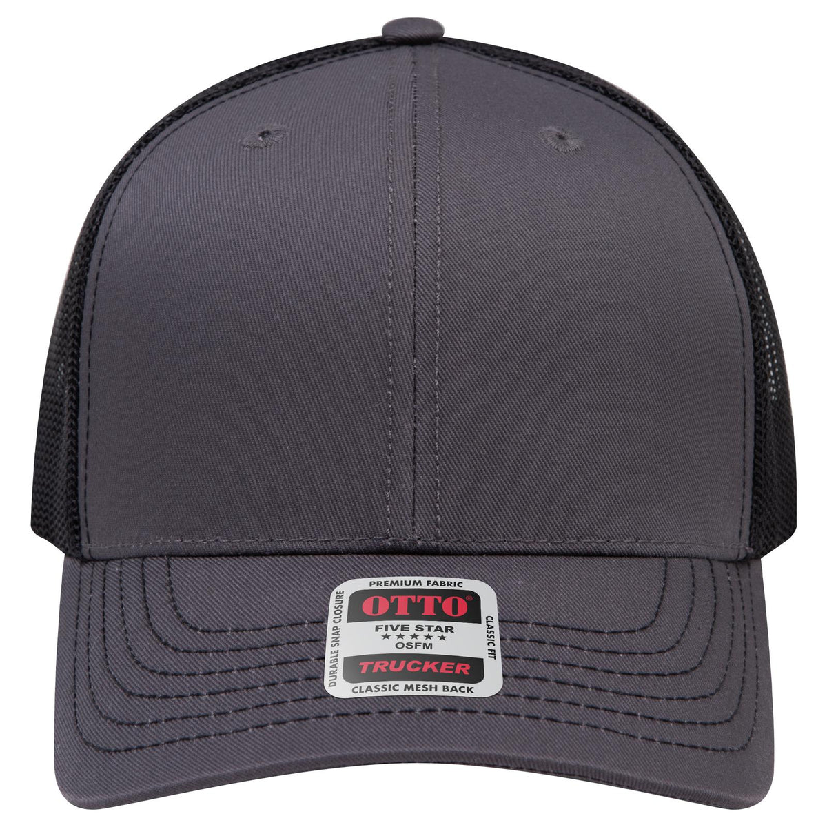 Front View of 252503 - Ch.Gry/Ch.Gry/Blk OTTO CAP 6 Panel Mid Profile Mesh Back Trucker Hat