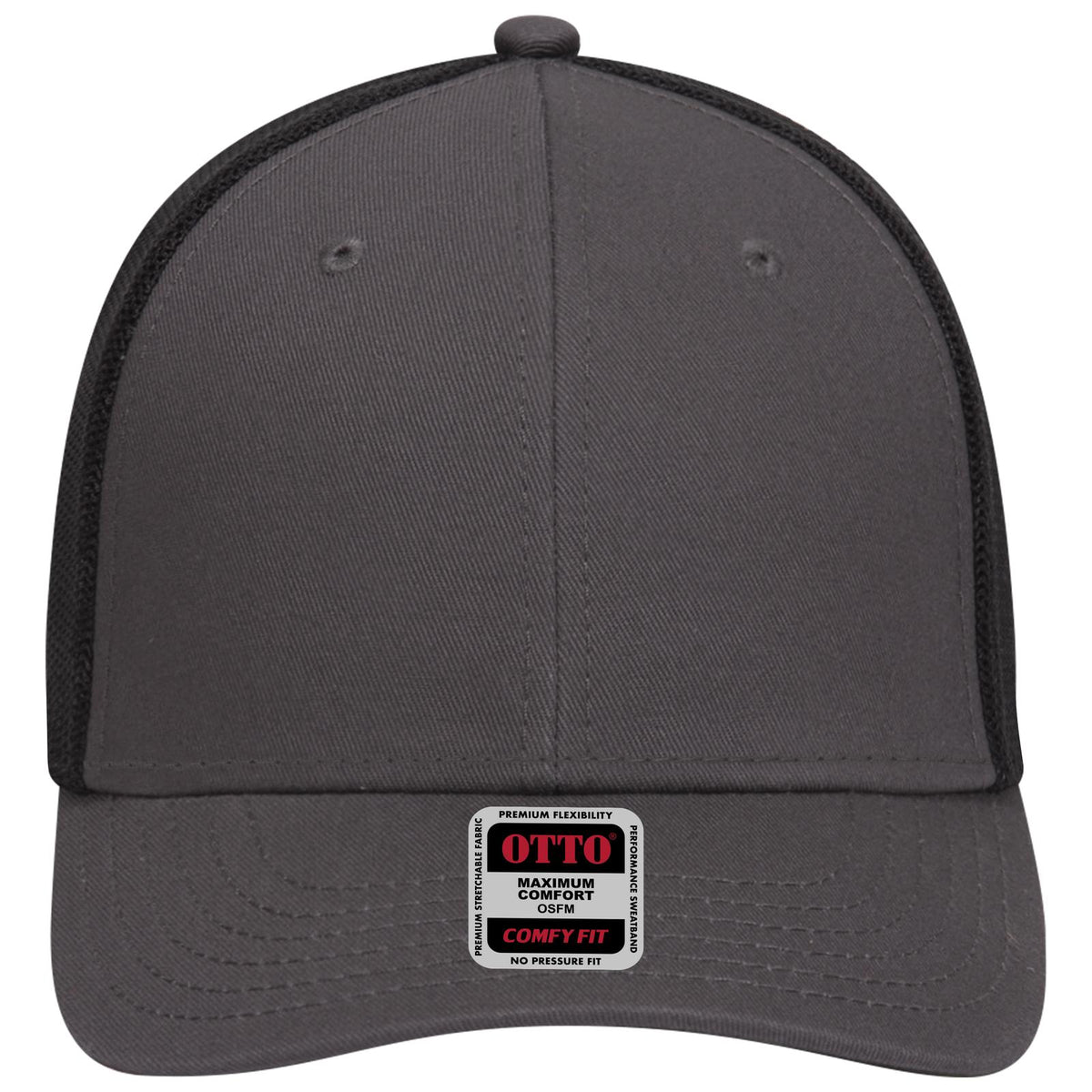 Front View of 252503 - Ch.Gry/Ch.Gry/Blk OTTO CAP "OTTO COMFY FIT" 6 Panel Low Profile Mesh Back Trucker Hat