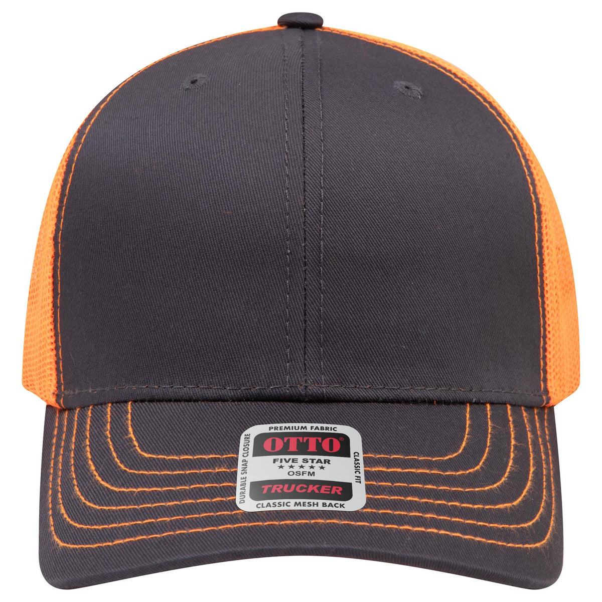Front View of 252509 - Ch.Gry/Ch.Gry/N.Org OTTO CAP 6 Panel Mid Profile Mesh Back Trucker Hat