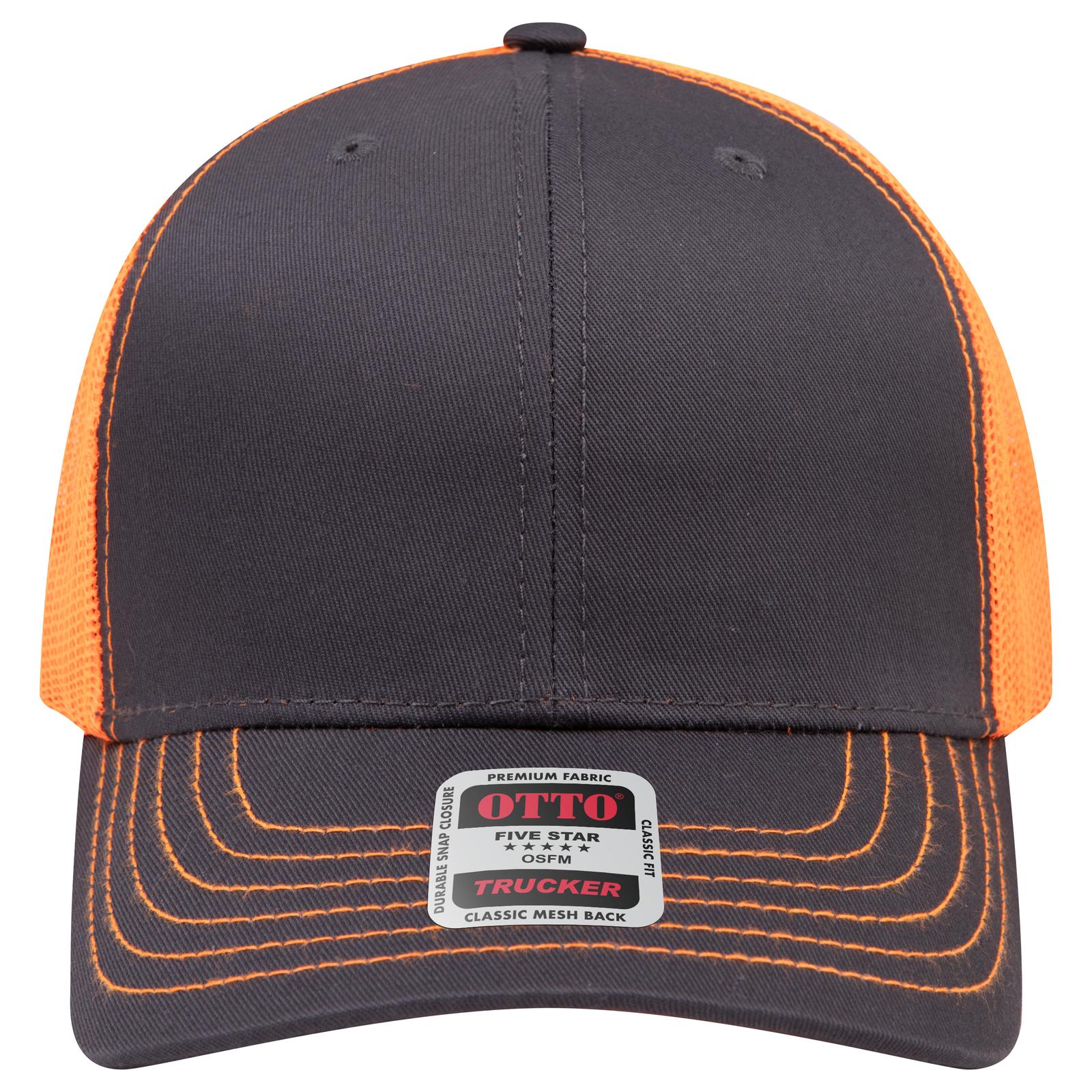 Right View of 252509 - Ch.Gry/Ch.Gry/N.Org OTTO CAP 6 Panel Mid Profile Mesh Back Trucker Hat
