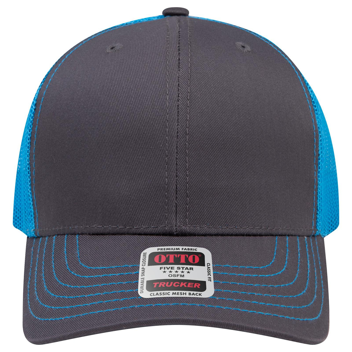 Front View of 2525107 - Ch.Gry/CH.Gry/N.Blu OTTO CAP 6 Panel Mid Profile Mesh Back Trucker Hat