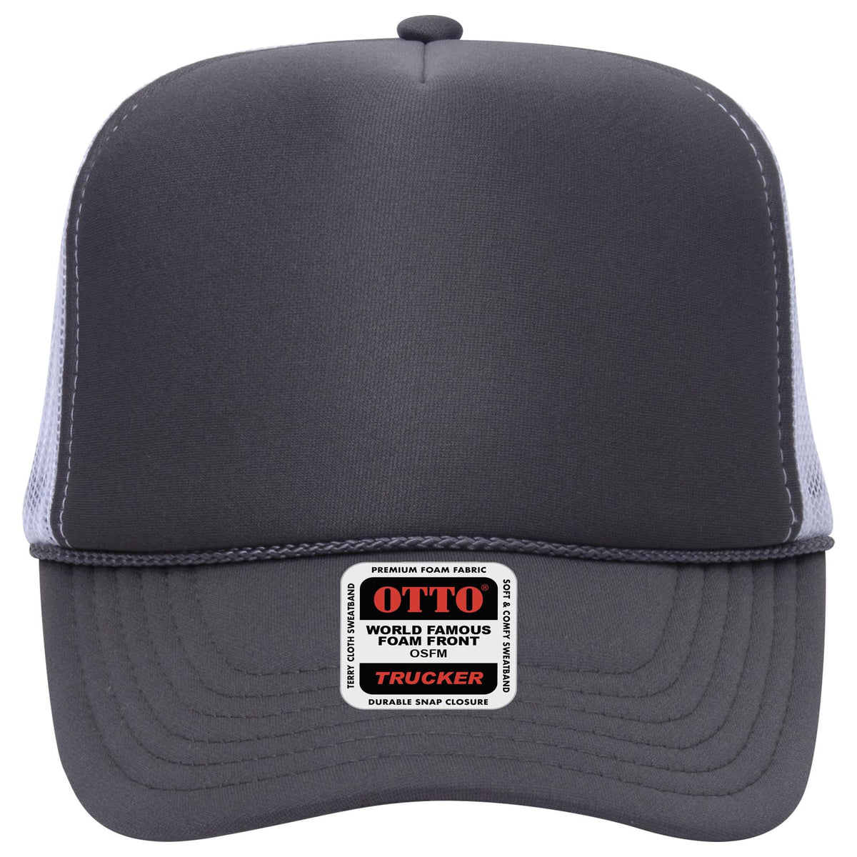 Front View of 252516 - Ch.Gry/Ch.Gry/Wht OTTO CAP 5 Panel High Crown Mesh Back Trucker Hat