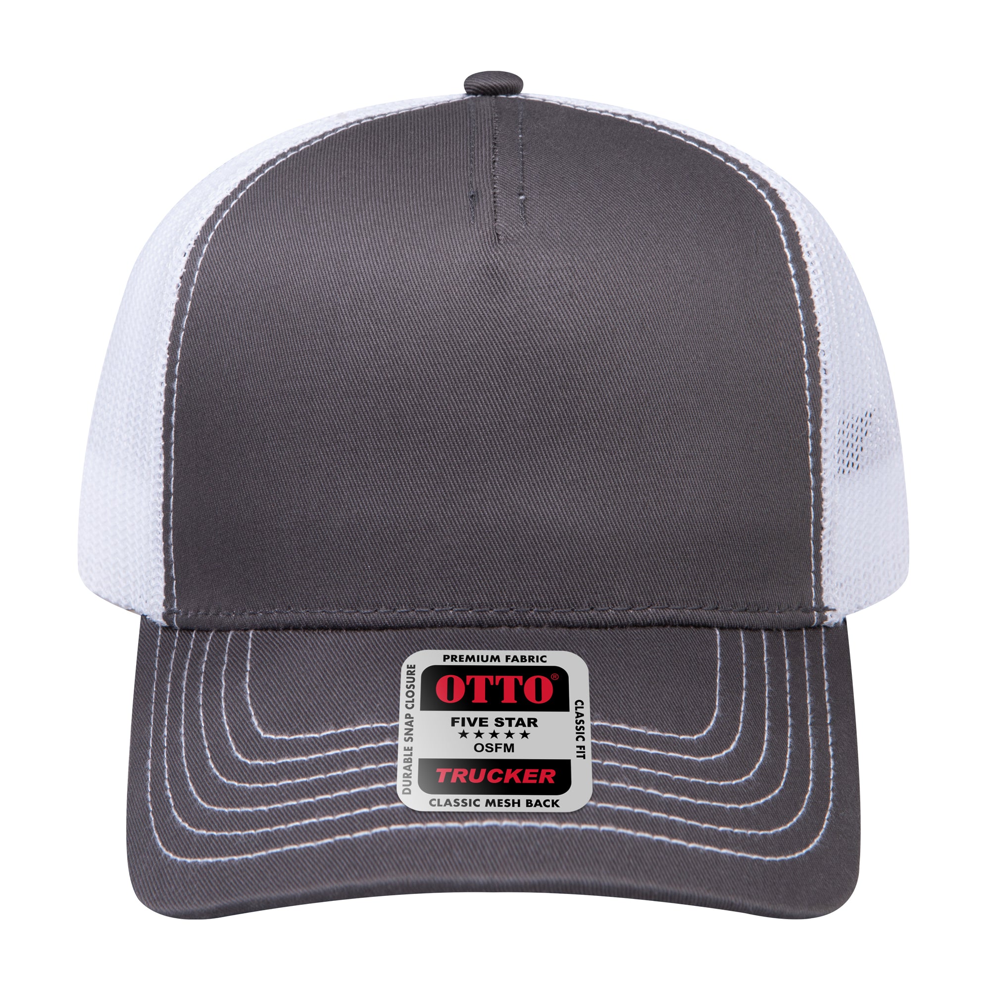 Front View of 252516 - Ch.Gry/Ch.Gry/Wht OTTO CAP 5 Panel Low Profile Mesh Back Trucker Hat