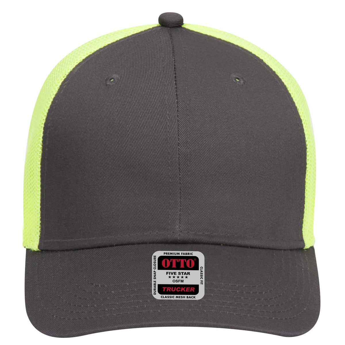 Front View of 252540 - Ch.Gry/Ch.Gry/N.Yel OTTO CAP 6 Panel Low Profile Mesh Back Trucker Hat