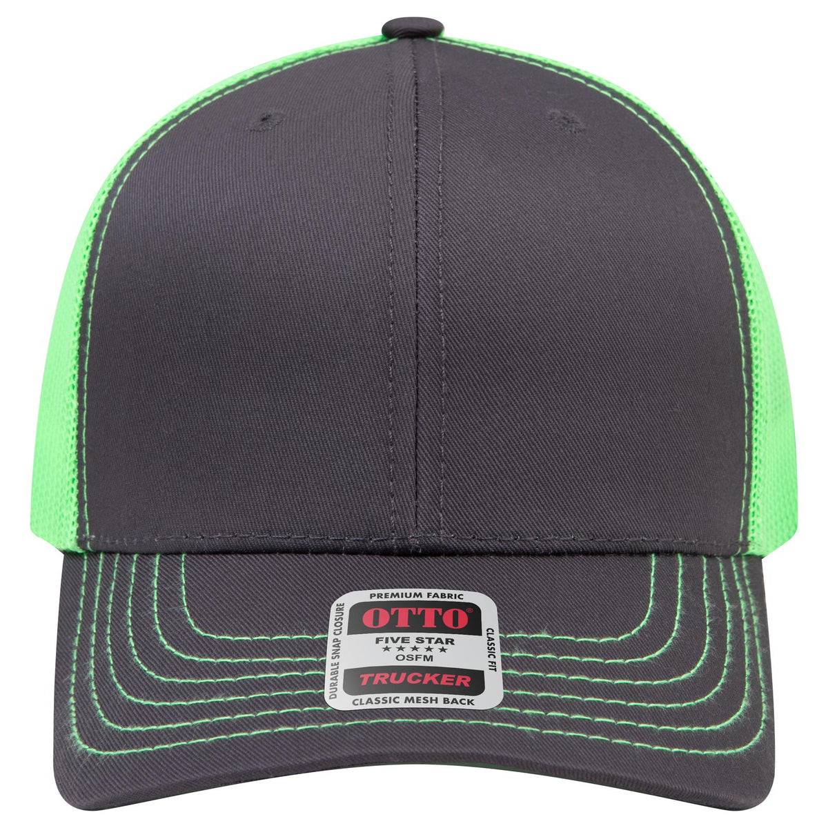 Front View of 252588 - Ch.Gry/Ch.Gry/N.Grn OTTO CAP 6 Panel Mid Profile Mesh Back Trucker Hat