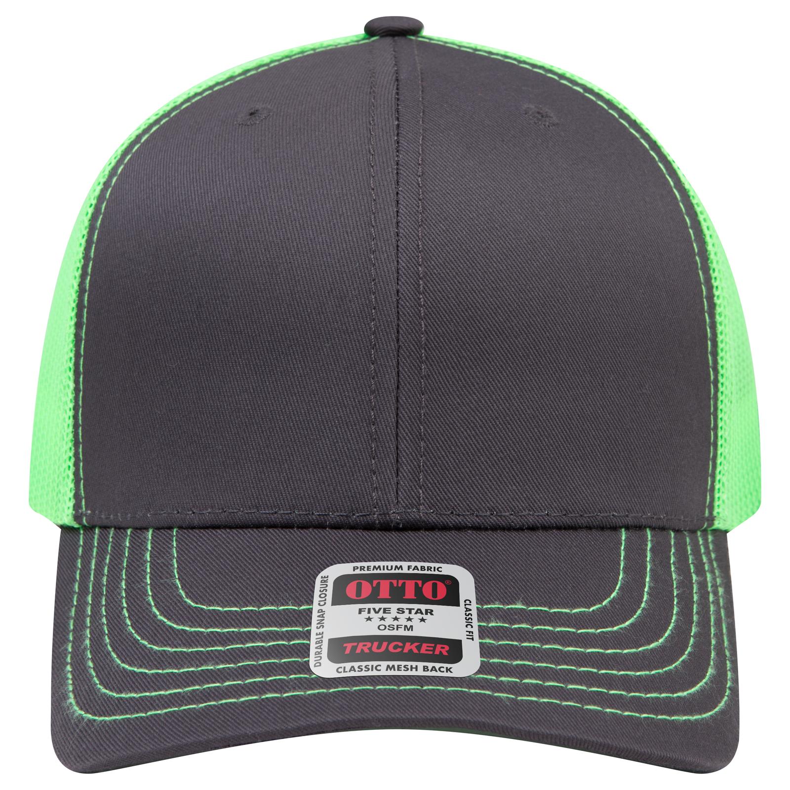 Right View of 252588 - Ch.Gry/Ch.Gry/N.Grn OTTO CAP 6 Panel Mid Profile Mesh Back Trucker Hat