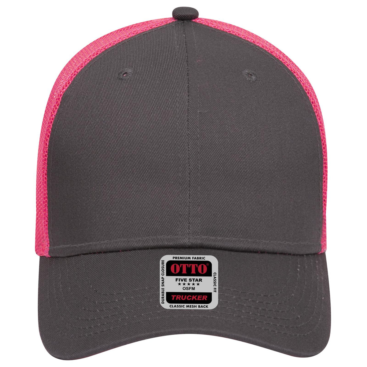 Front View of 252589 - Ch.Gry/Ch.Gry/N.Pnk OTTO CAP 6 Panel Low Profile Mesh Back Trucker Hat