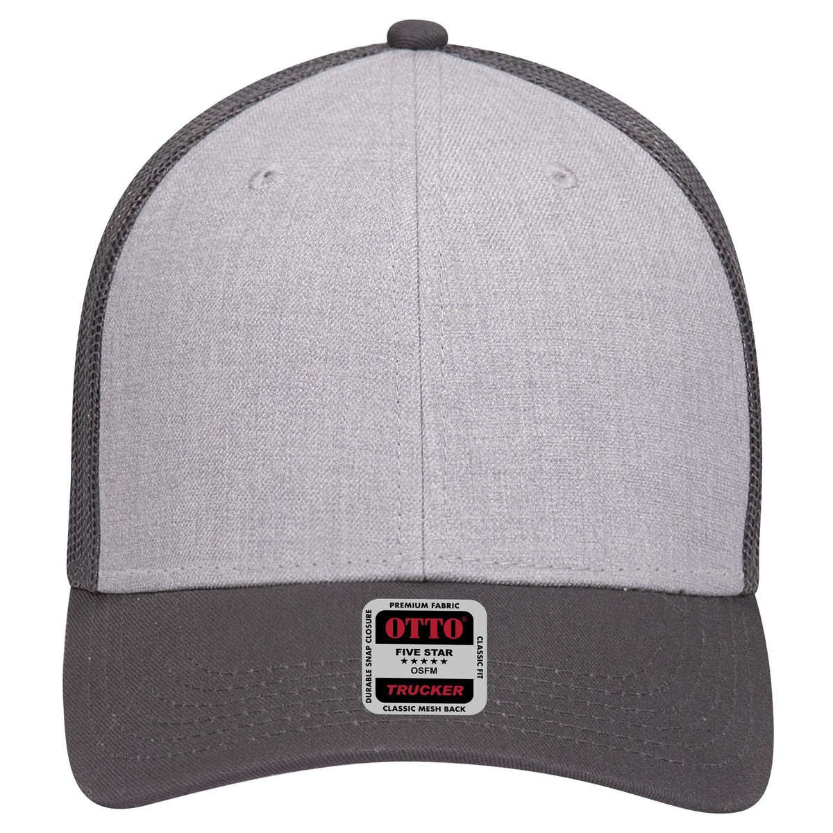 Front View of 257425 - CharcoalGray/HeatherGray/CharcoalGray OTTO CAP 6 Panel Low Profile Mesh Back Trucker Hat