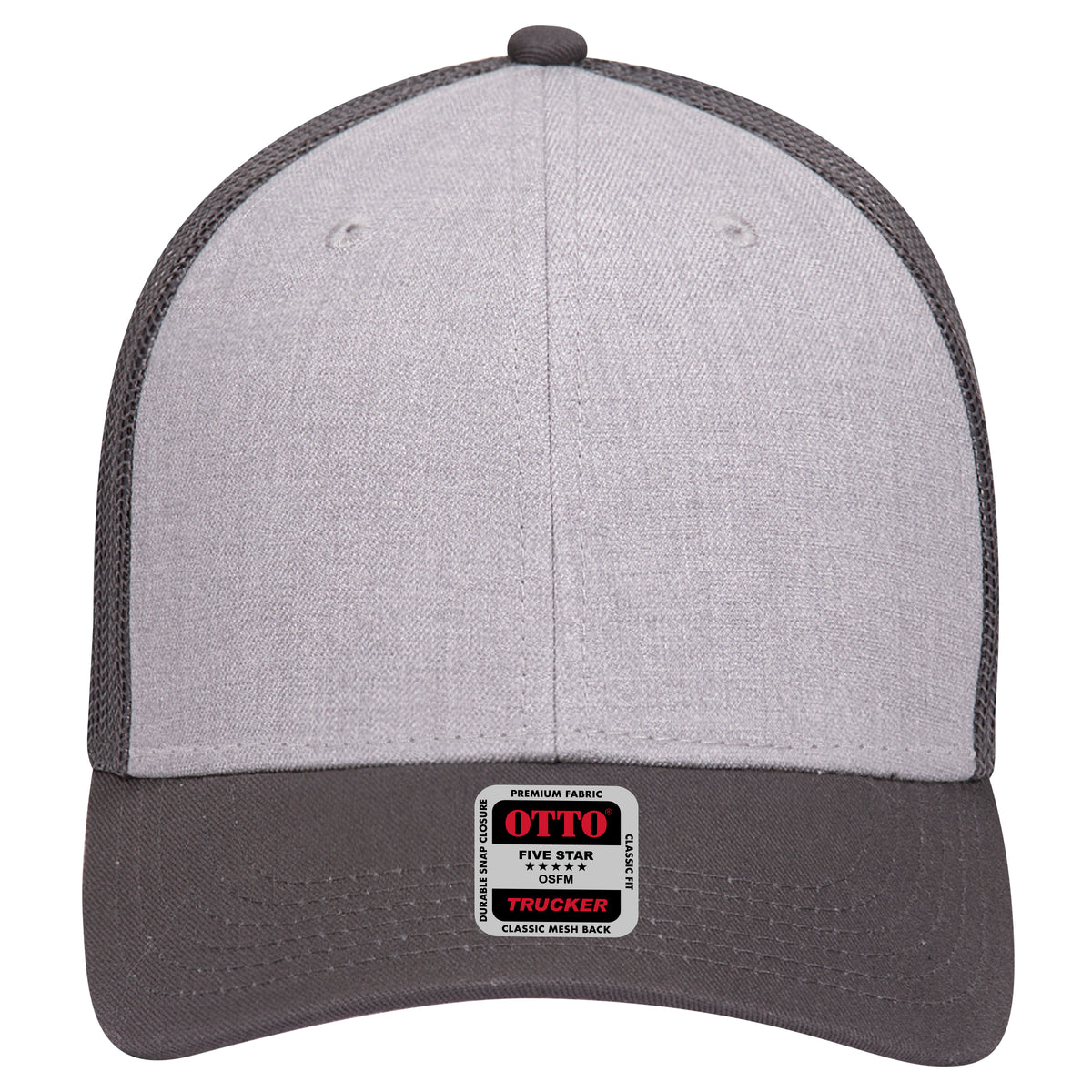 Front View of 257425 - CharcoalGray/HeatherGray/CharcoalGray OTTO CAP 6 Panel Low Profile Mesh Back Trucker Hat