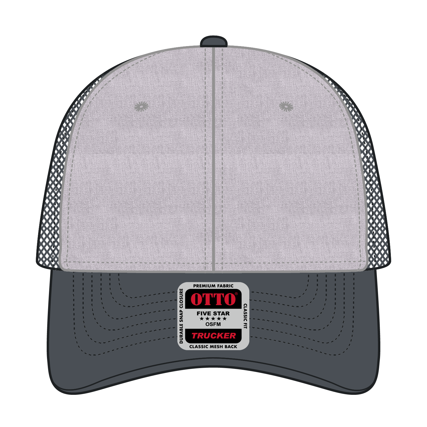 Front View of 257425 - CharcoalGray/HeatherGray/CharcoalGray OTTO CAP 6 Panel Low Profile Mesh Back Trucker Hat