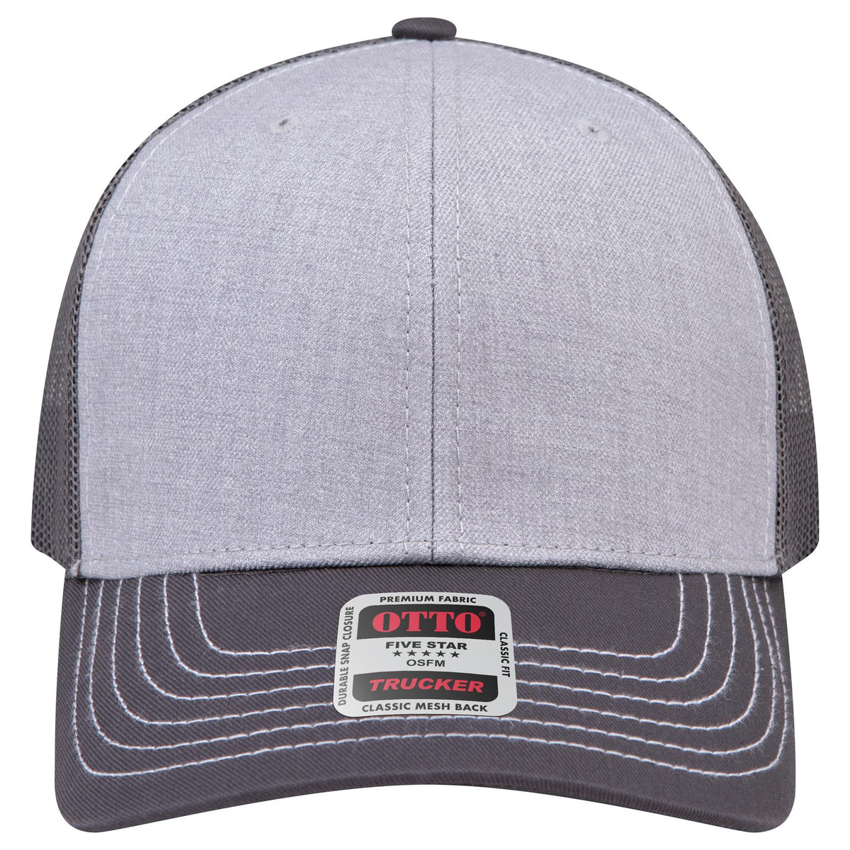 Front View of 257425 - CharcoalGray/HeatherGray/CharcoalGray OTTO CAP 6 Panel Mid Profile Mesh Back Trucker Hat