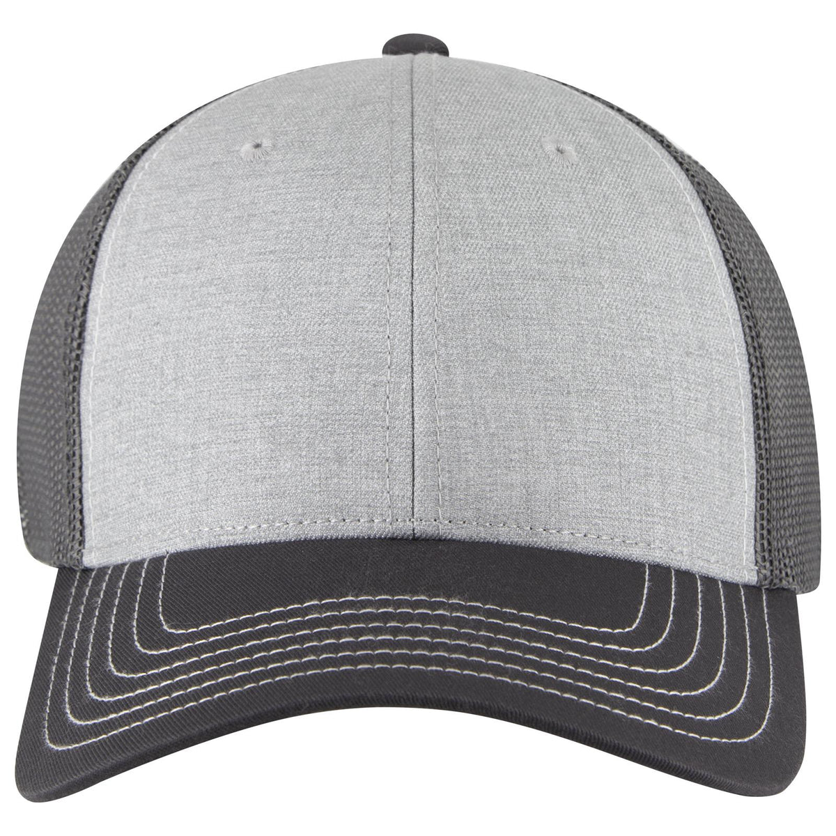 Front View of 257425B - Ch Gry/Ht Gry/Ch Gry OTTO CAP 6 Panel Low Profile Mesh Back Trucker Hat