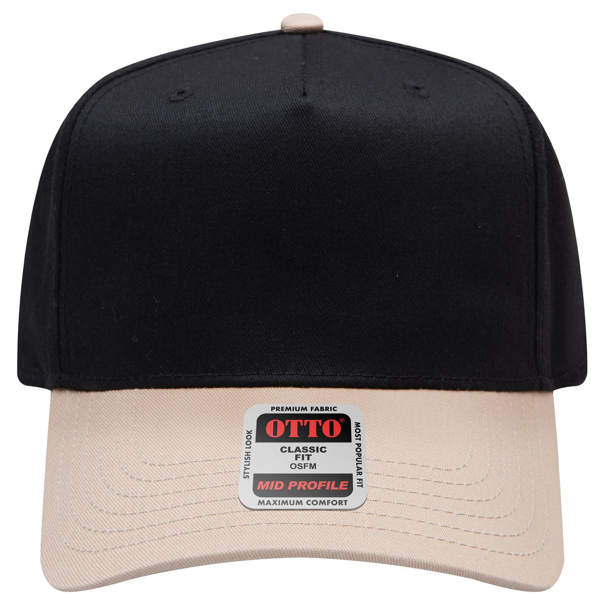 Front View of 3203 - Kha/Blk OTTO CAP 5 Panel Mid Profile Baseball Cap