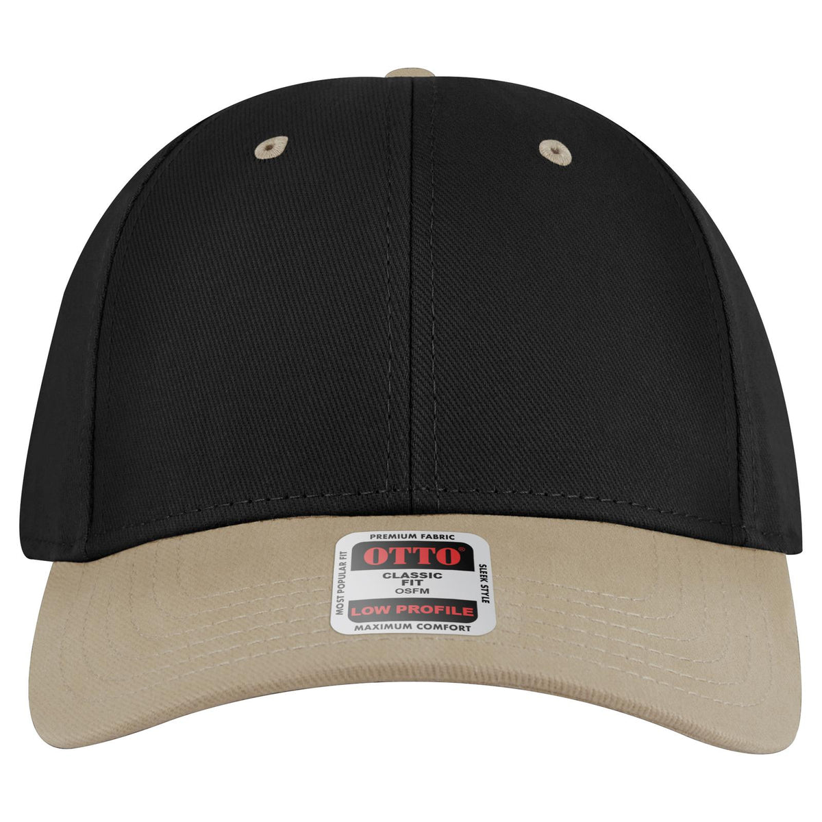 Front View of 3203 - Kha/Blk OTTO CAP 6 Panel Low Profile Baseball Cap