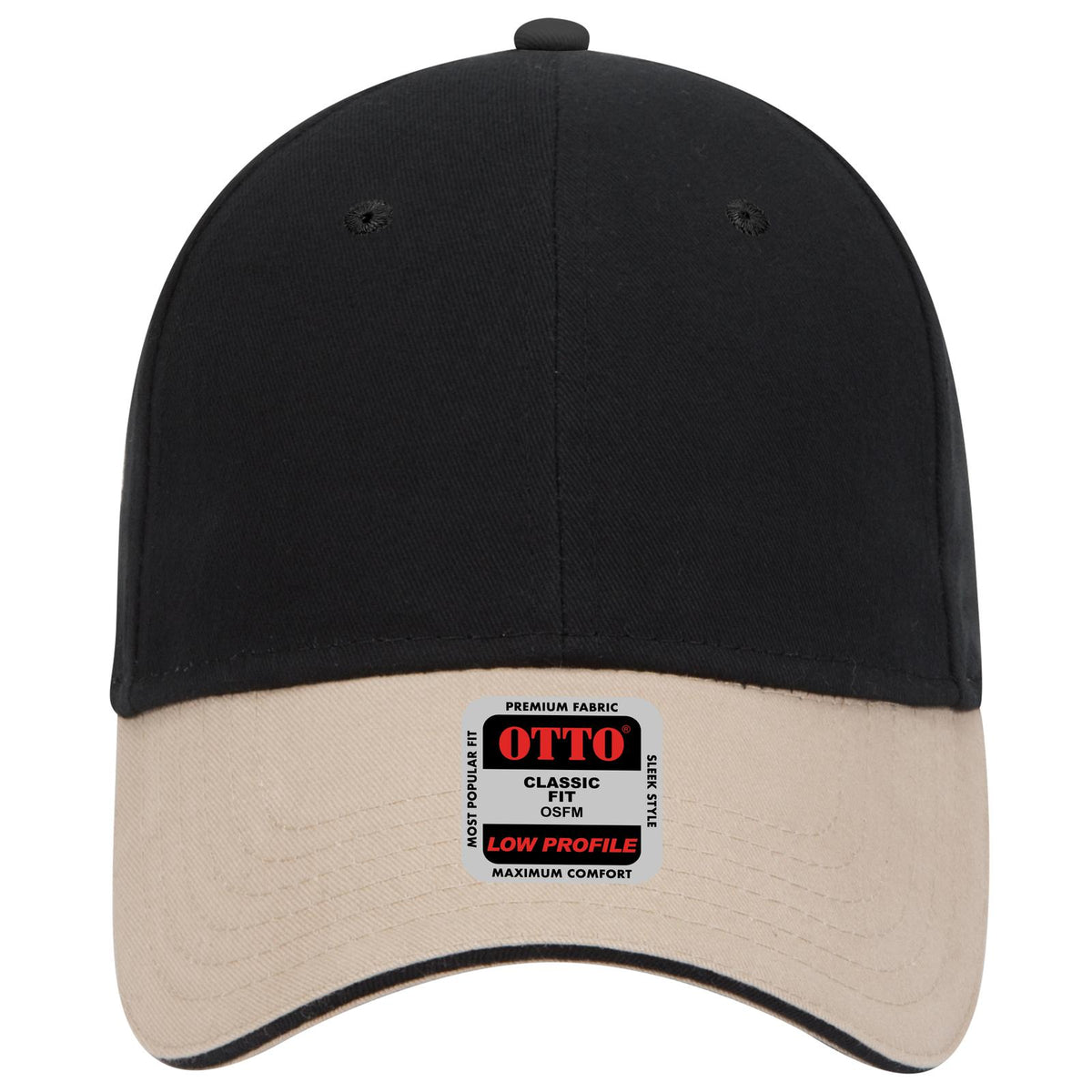 Front View of 320303 - Kha/Blk/Blk OTTO CAP 6 Panel Low Profile Baseball Cap
