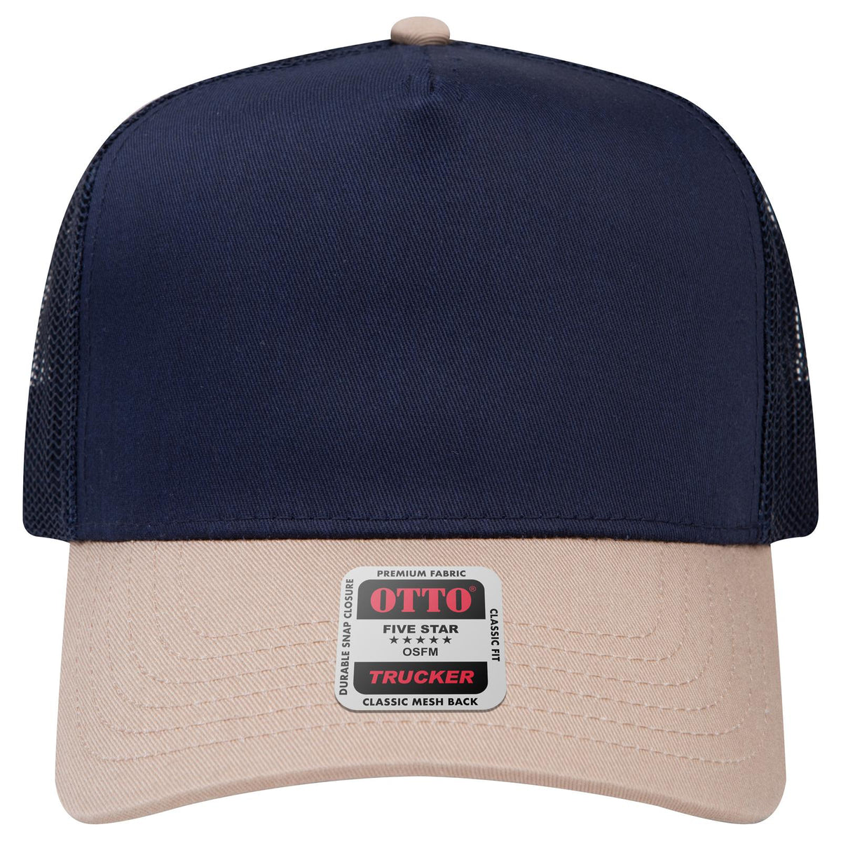 Front View of 3204 - Kha/Nvy OTTO CAP 5 Panel Mid Profile Mesh Back Trucker Hat