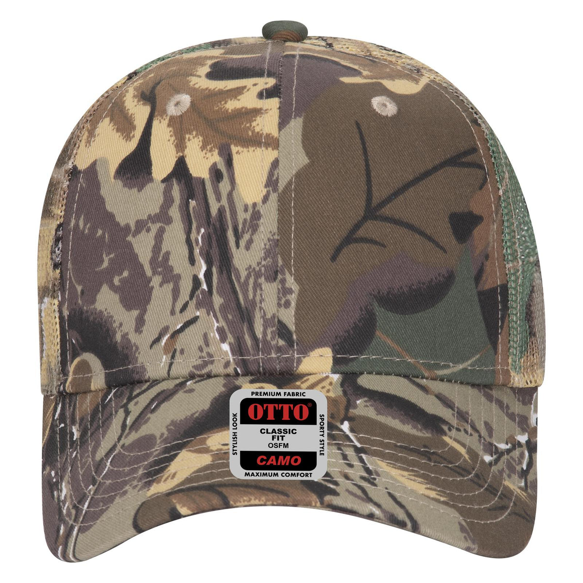 Front View of 320734 - Kha/Brn/Lt.Ol.Grn OTTO CAP Camouflage 6 Panel Low Profile Mesh Back Trucker Hat