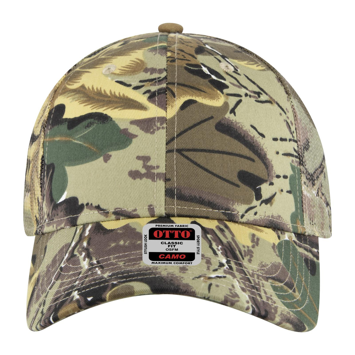 Front View of 320734 - Kha/Brn/Lt.Ol.Grn OTTO CAP Camouflage 6 Panel Low Profile Mesh Back Trucker Hat