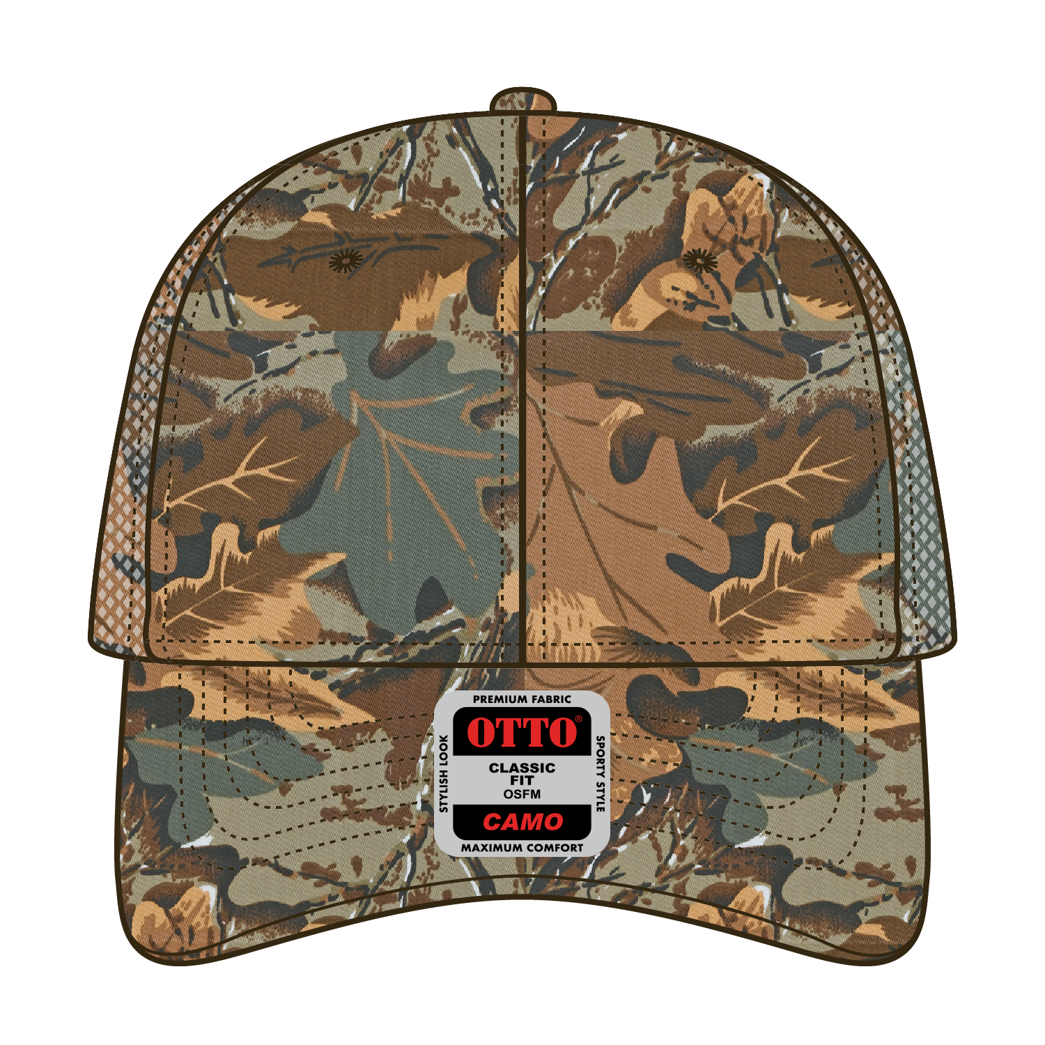 Front View of 320734 - Kha/Brn/Lt.Ol.Grn OTTO CAP Camouflage 6 Panel Low Profile Mesh Back Trucker Hat