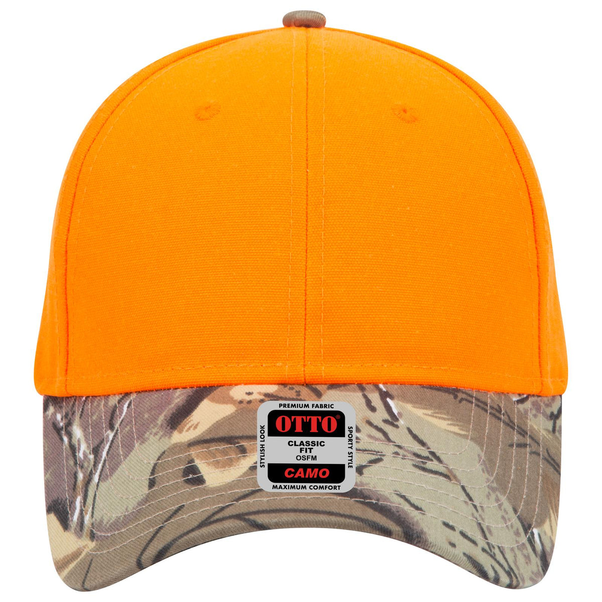 Front View of 32073409 - Kha/Brn/Lt.Ol.Grn/N.Org OTTO CAP Camouflage 6 Panel Low Profile Baseball Cap