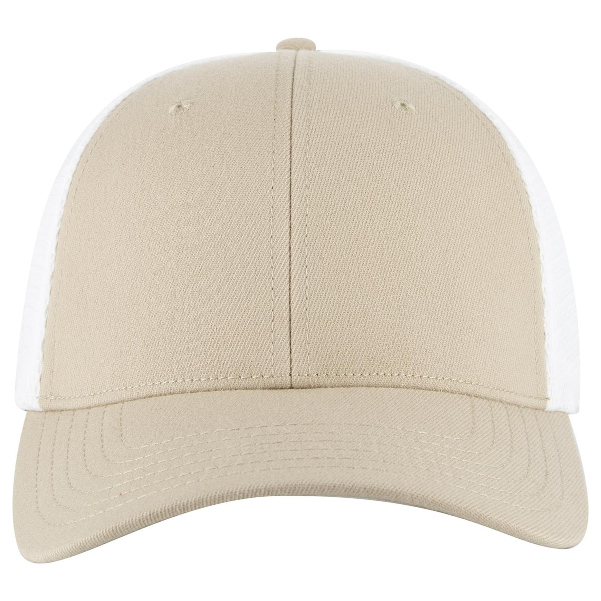 Front View of 3216 - Kha/Wht OTTO CAP "OTTO COMFY FIT" 6 Panel Low Profile Mesh Back Trucker Hat