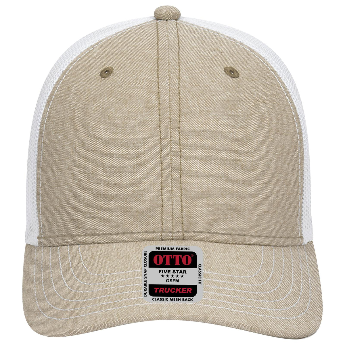 Front View of 3216X - Kha/Wht OTTO CAP 6 Panel Low Profile Mesh Back Trucker Hat