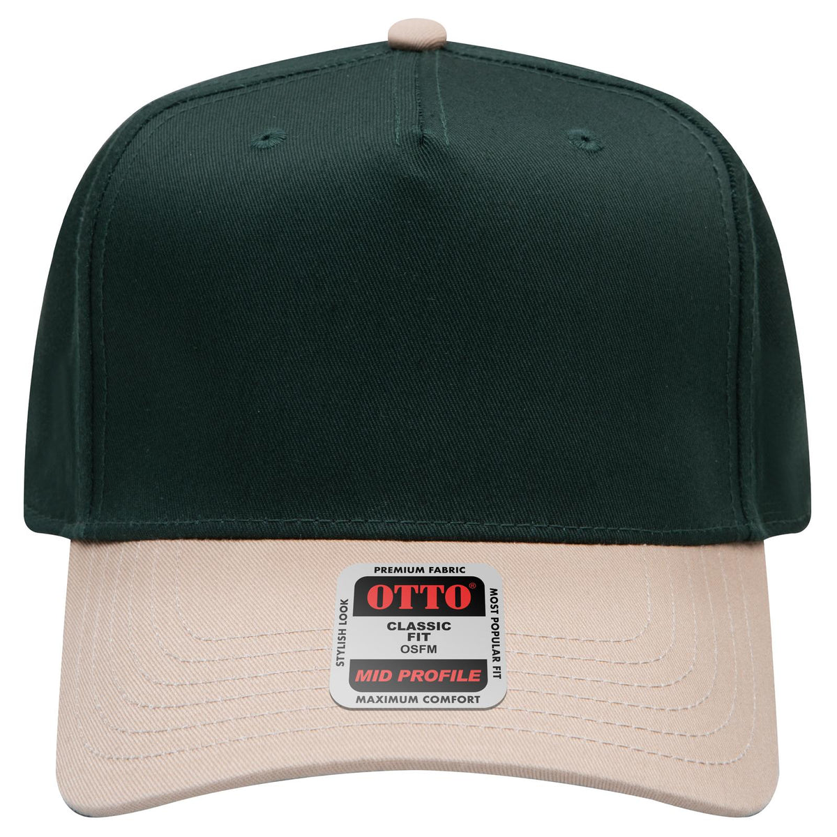 Front View of 3217 - Kha/Dk.Grn OTTO CAP 5 Panel Mid Profile Baseball Cap