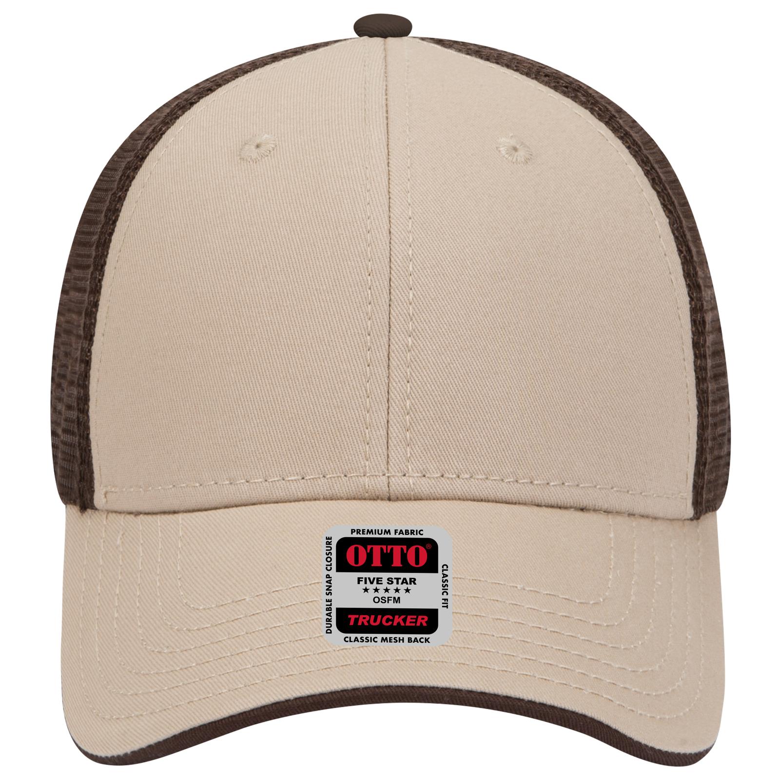 Front View of 323239 - Kha/Kha/Dk.Brn OTTO CAP 6 Panel Low Profile Mesh Back Trucker Hat