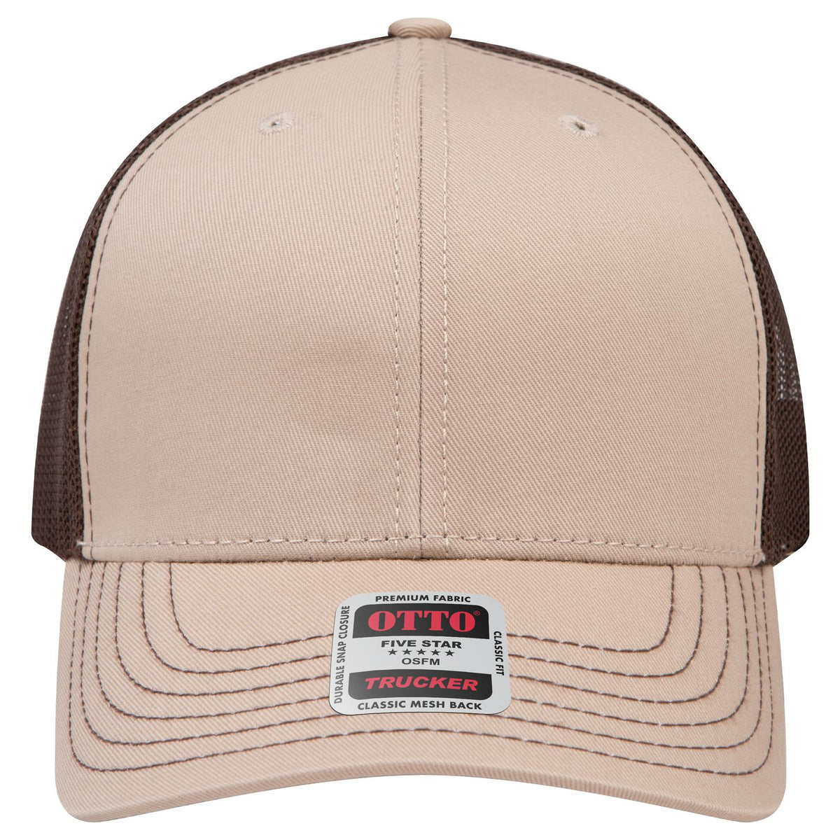 Front View of 323239 - Kha/Kha/Dk.Brn OTTO CAP 6 Panel Mid Profile Mesh Back Trucker Hat