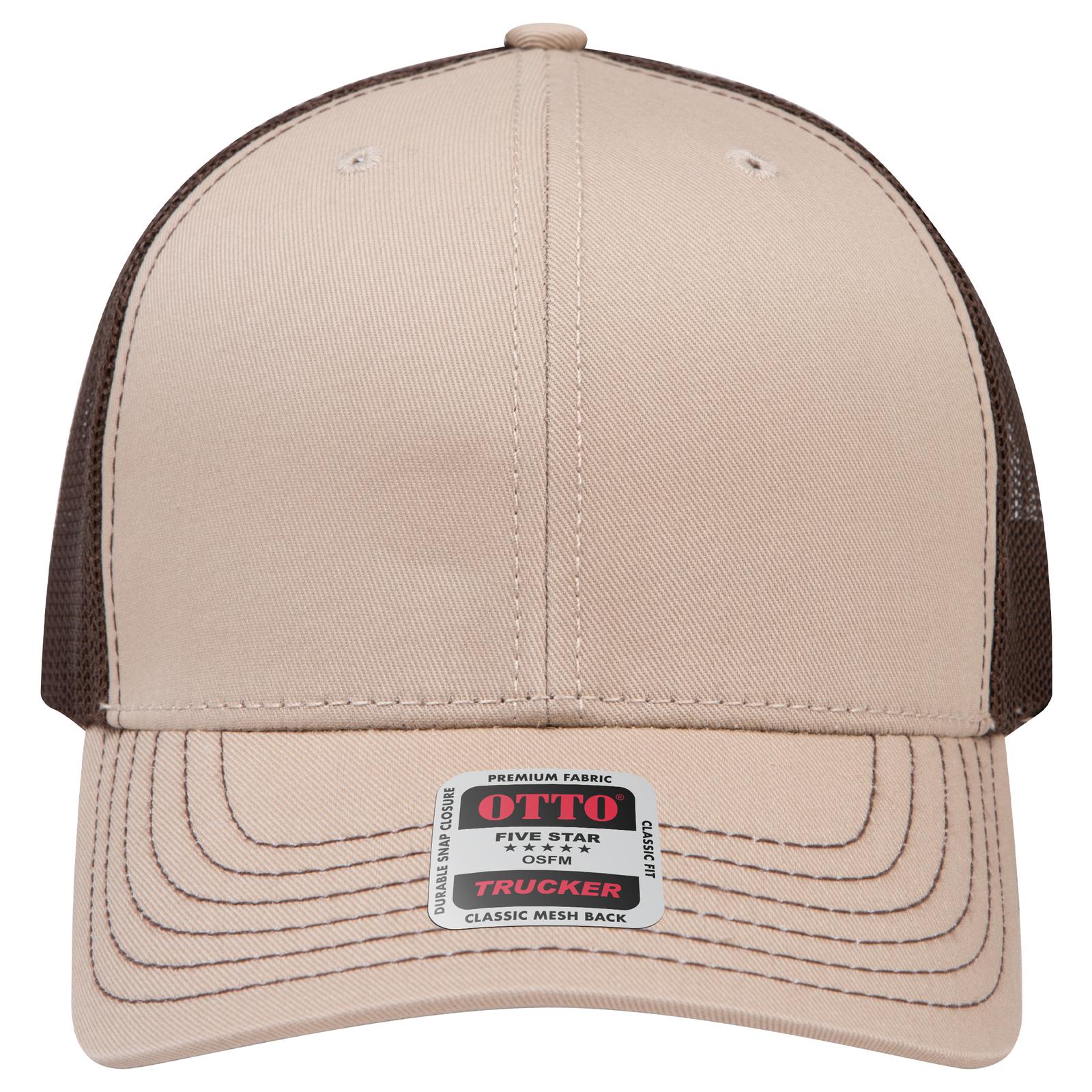 Right View of 323239 - Kha/Kha/Dk.Brn OTTO CAP 6 Panel Mid Profile Mesh Back Trucker Hat