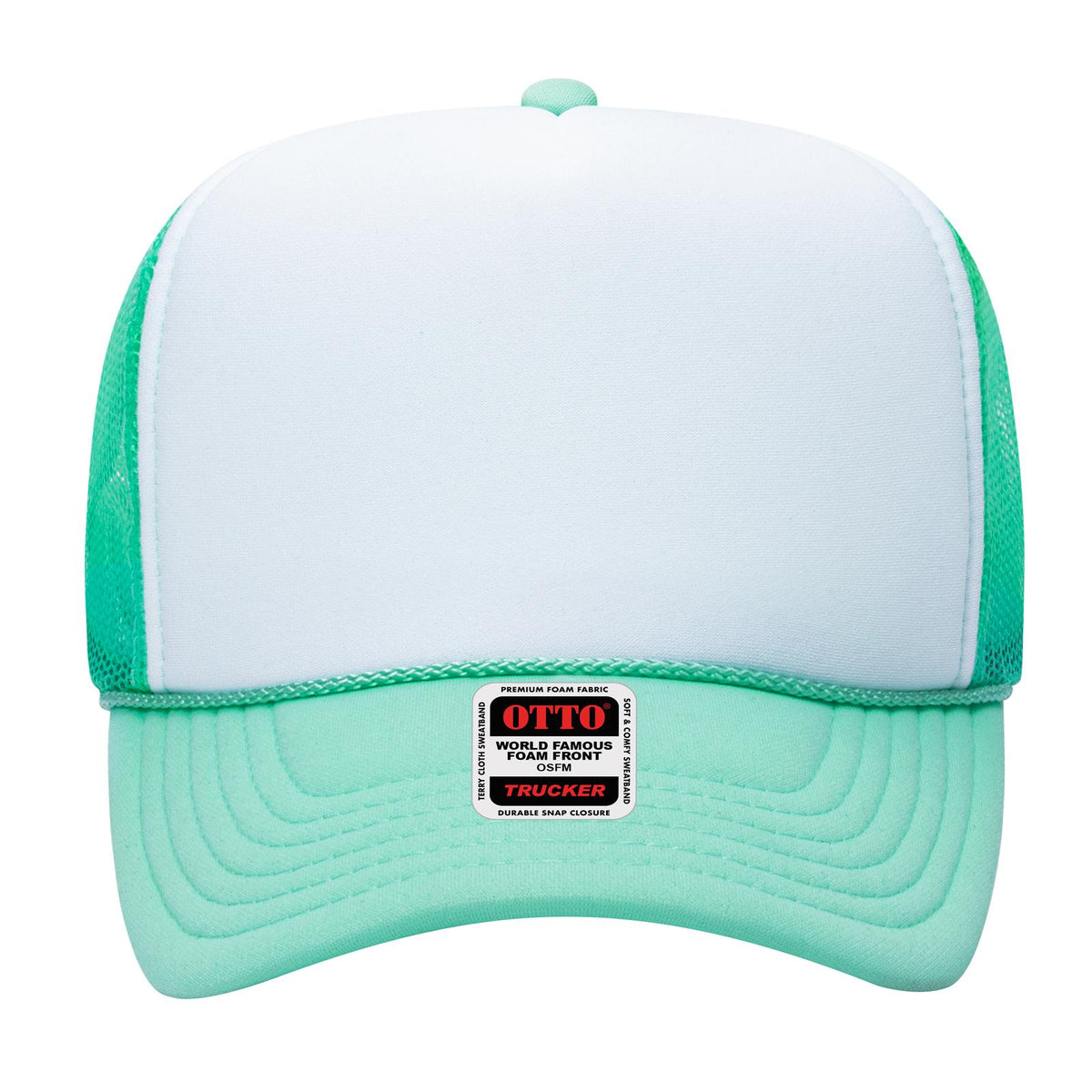 Front View of 381638 - Sm Grn/Wht/Sm Grn OTTO CAP 5 Panel High Crown Mesh Back Trucker Hat