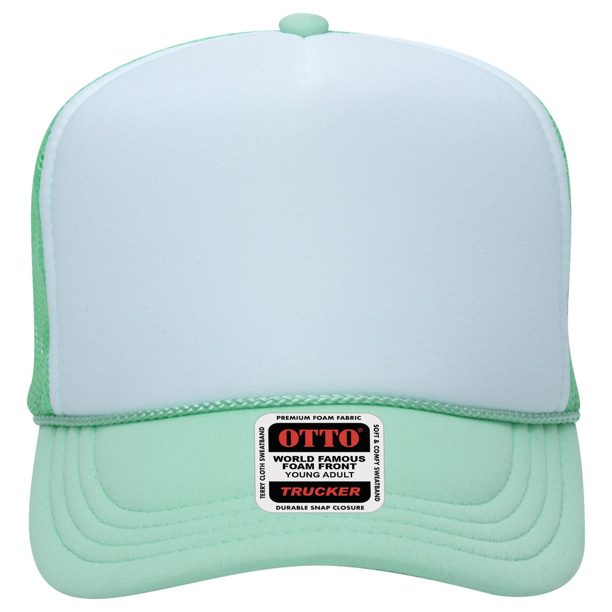 Front View of 381638 - Sm Grn/Wht/Sm Grn OTTO CAP 5 Panel High Crown Mesh Back Trucker Hat