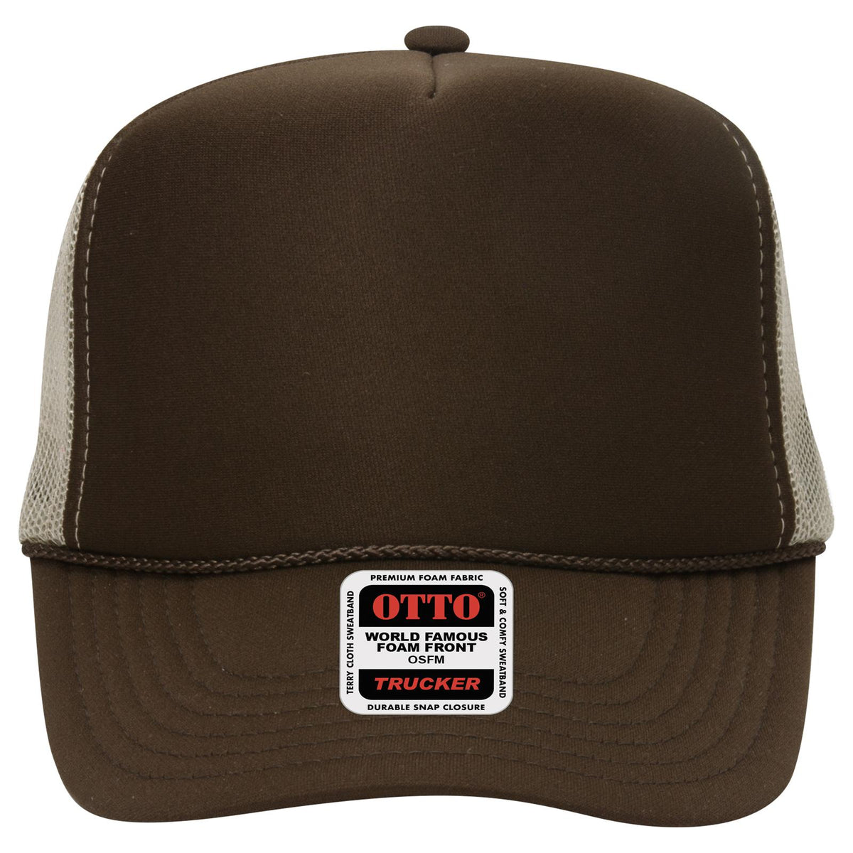 Front View of 393932 - Dk.Brn/Dk.Brn/Kha OTTO CAP 5 Panel High Crown Mesh Back Trucker Hat