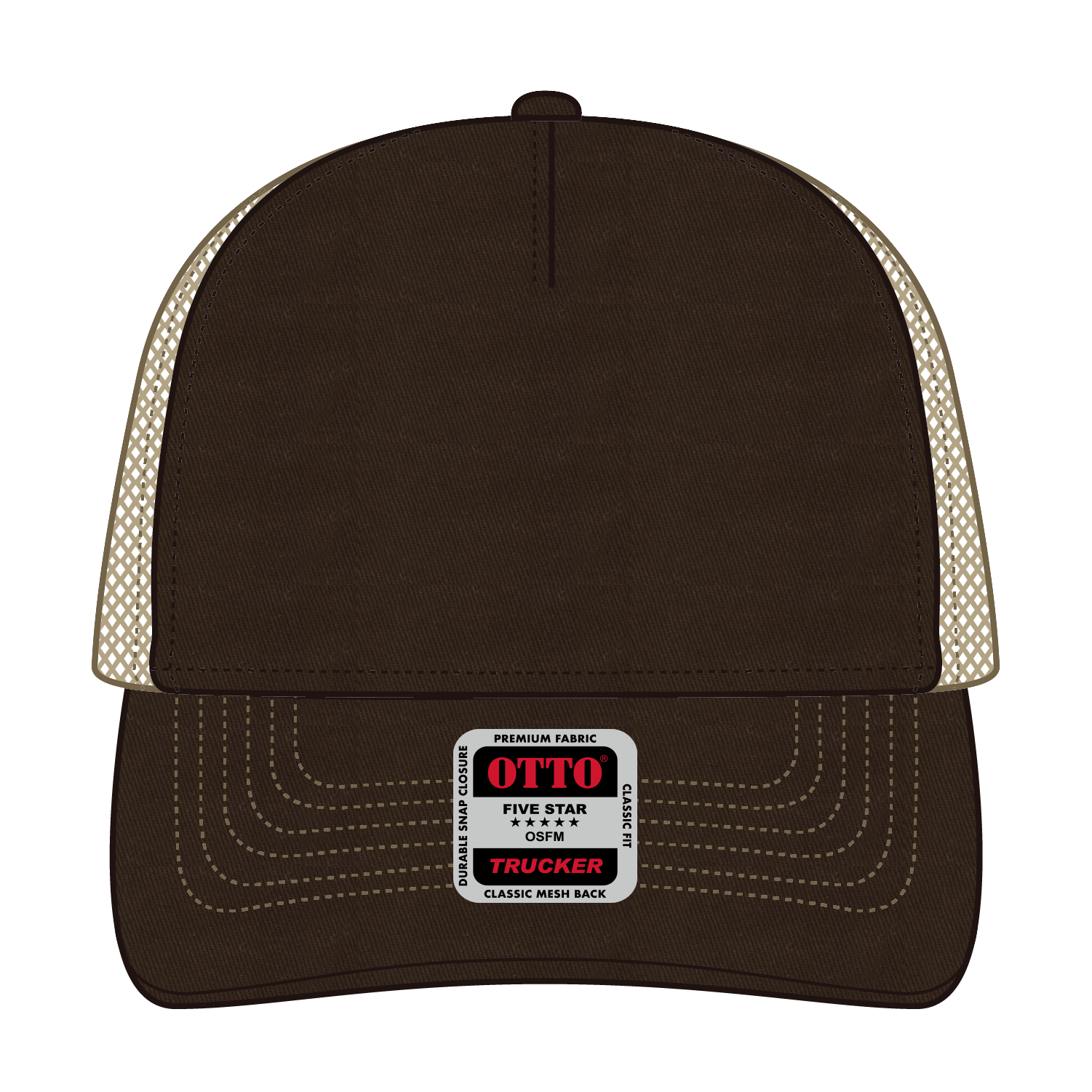Front View of 393932 - Dk.Brn/Dk.Brn/Kha OTTO CAP 5 Panel Low Profile Mesh Back Trucker Hat