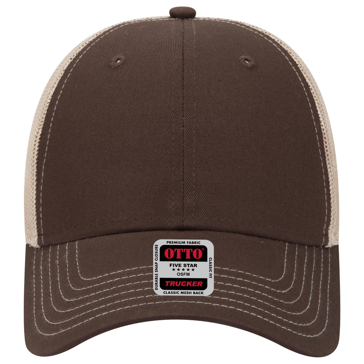 Front View of 393932 - Dk.Brn/Dk.Brn/Kha OTTO CAP 6 Panel Low Profile Mesh Back Trucker Hat
