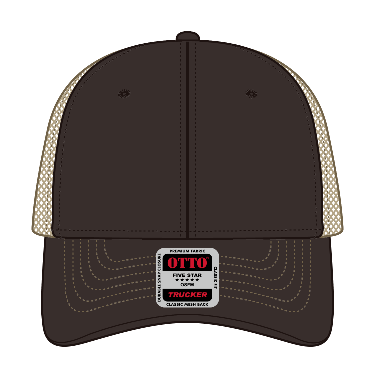 Front View of 393932 - Dk.Brn/Dk.Brn/Kha OTTO CAP 6 Panel Low Profile Mesh Back Trucker Hat