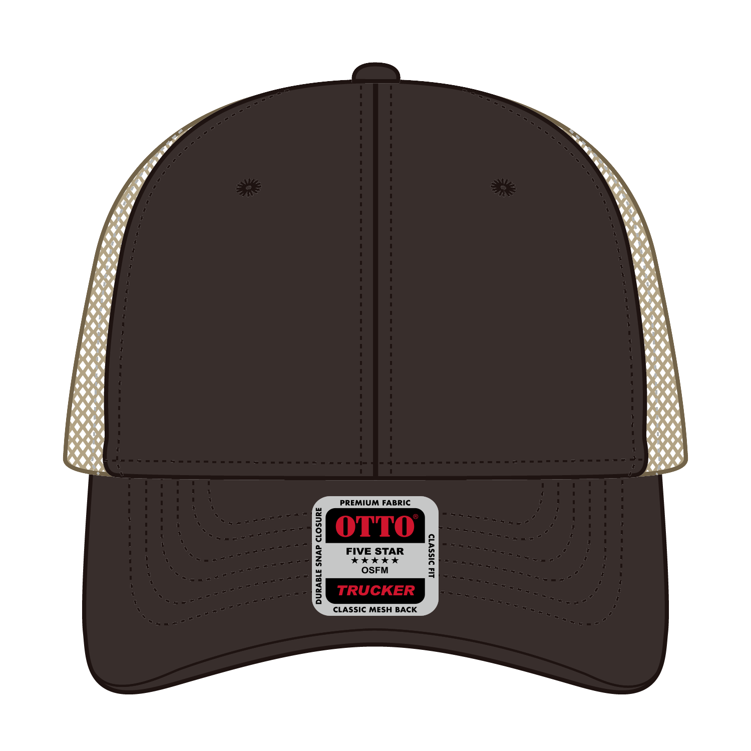 Front View of 393932 - Dk.Brn/Dk.Brn/Kha OTTO CAP 6 Panel Low Profile Mesh Back Trucker Hat